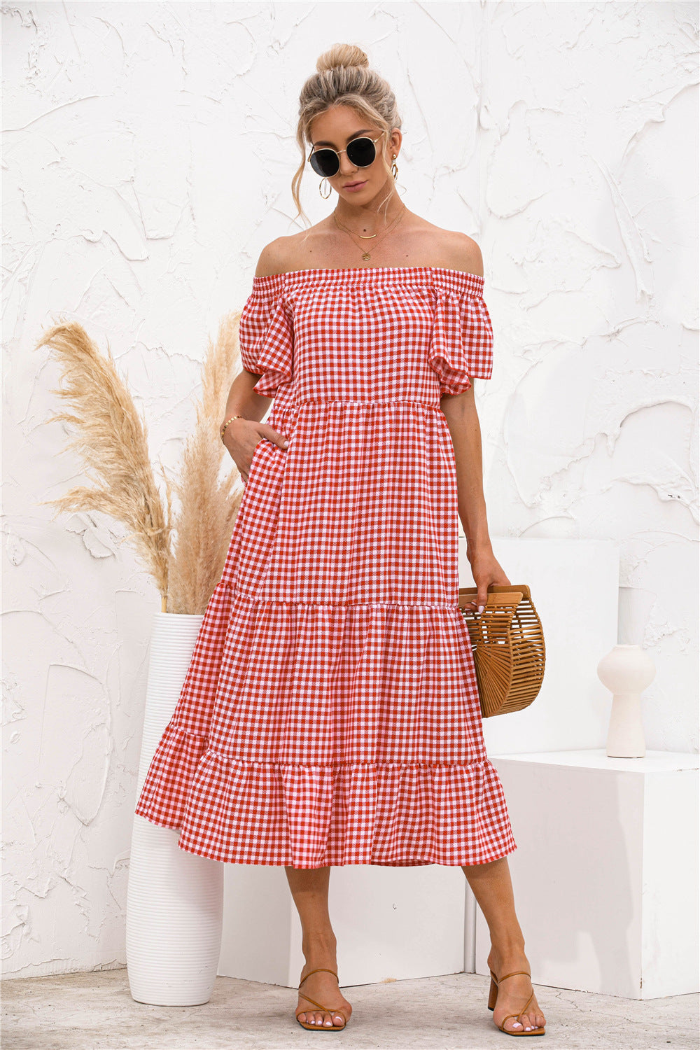 Plaid Off Shoulder Tiered Dress