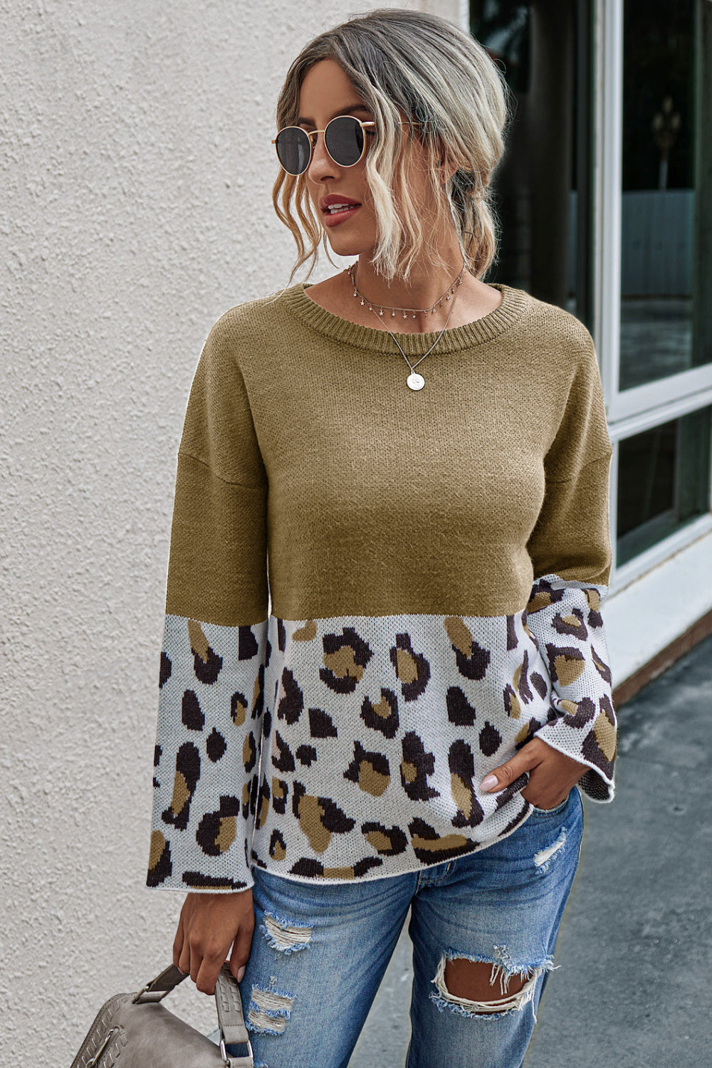 Leopard Color Block Crewneck Sweater