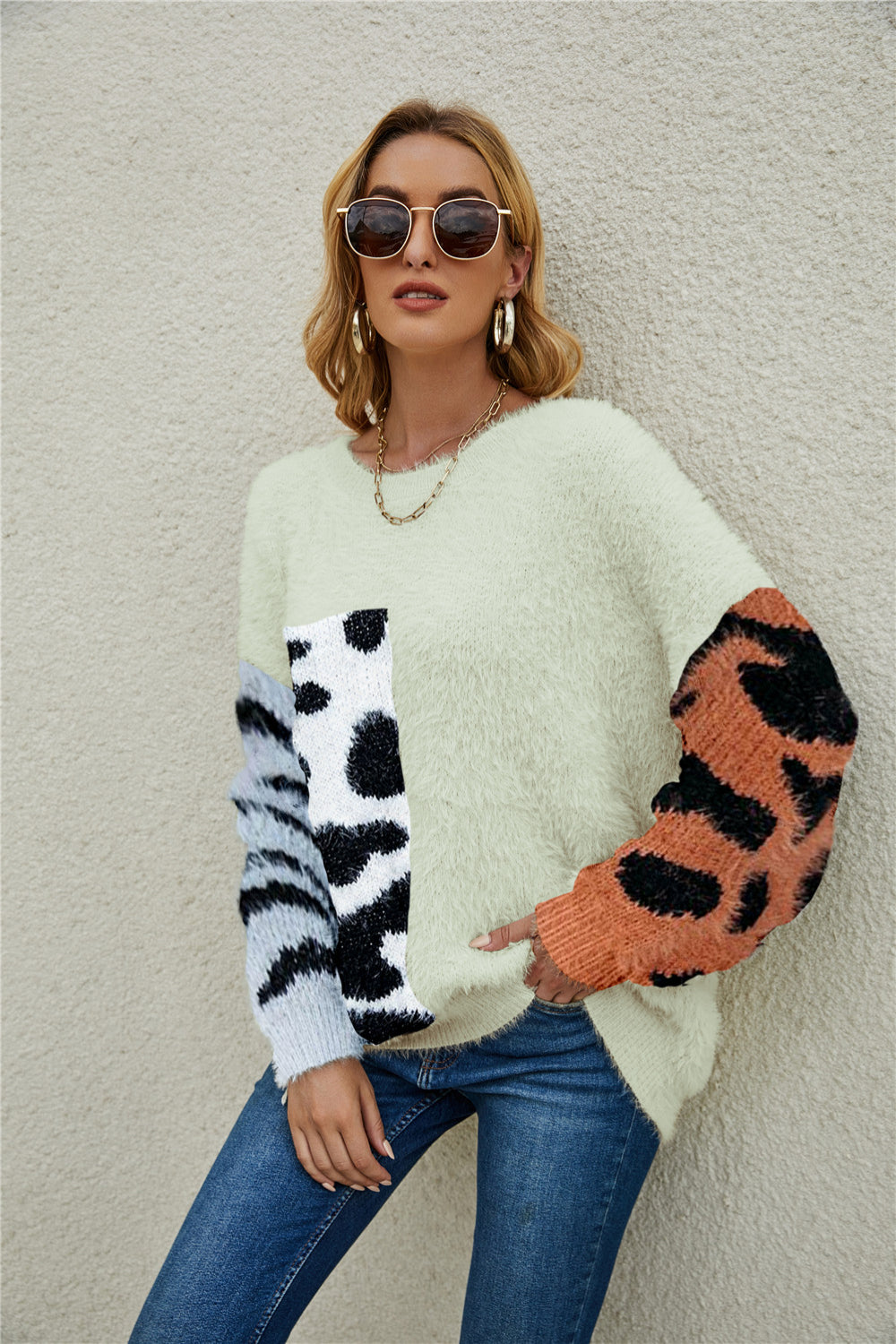 Fuzzy Mixed Print Pullover Sweater