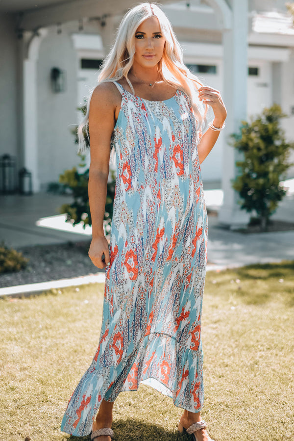 Printed Spaghetti Strap Ruffle Hem Maxi Dress