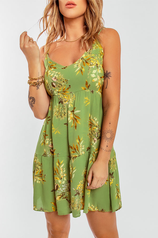 Botanical Print Backless Tied Spaghetti Strap Dress