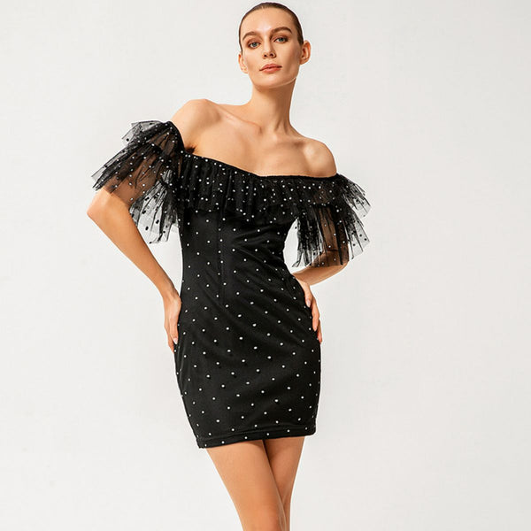 Polka Dot Off-Shoulder Spliced Mesh Dress