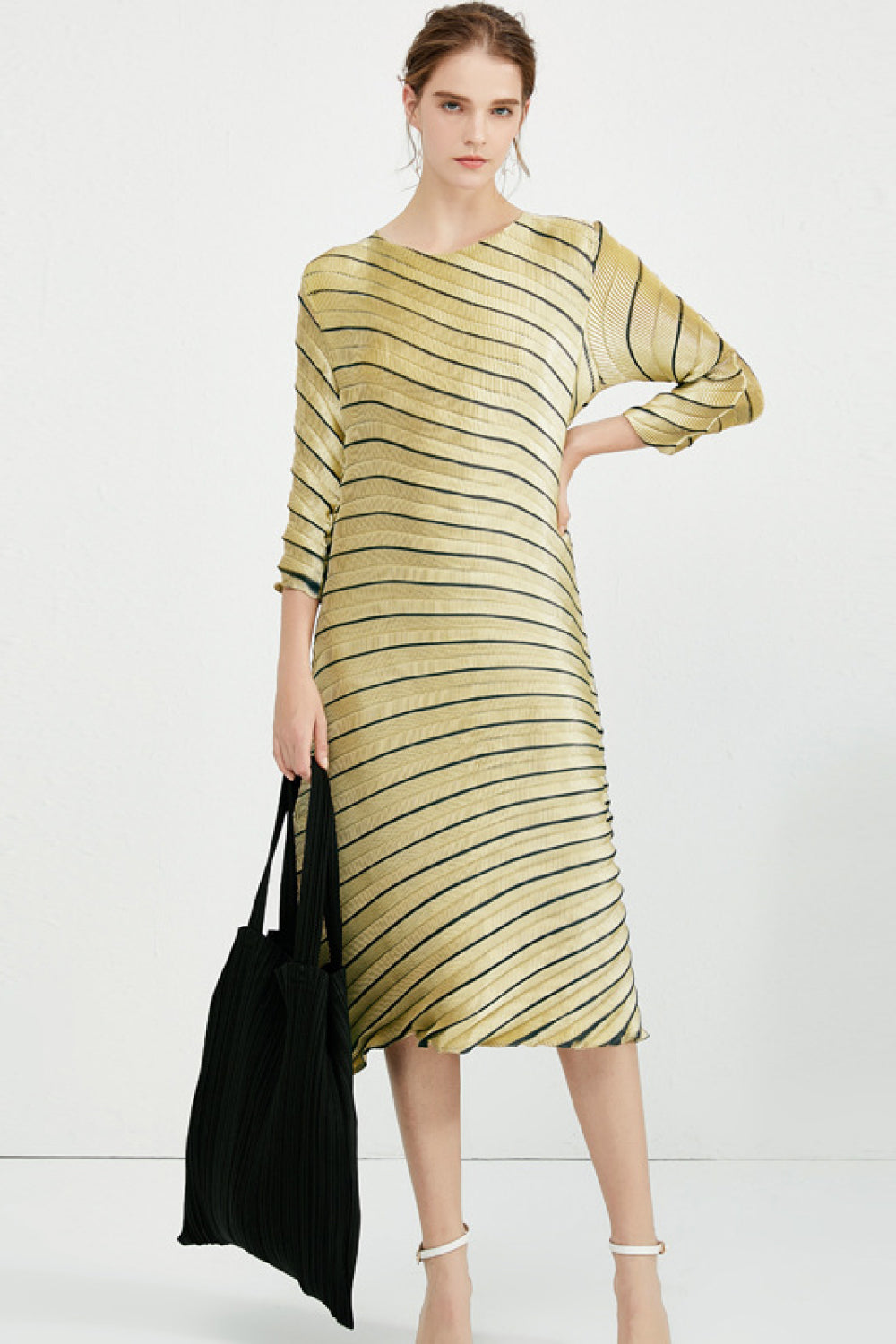 Striped Asymmetrical Pleated Round Neck Midi Dress