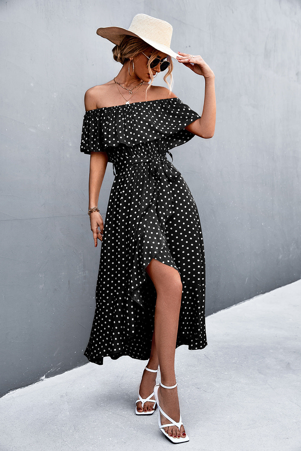 Polka Dot Layered Off-Shoulder Belted Dress