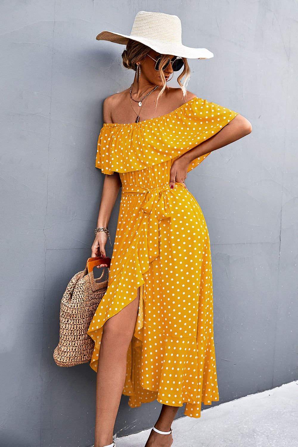 Polka Dot Layered Off-Shoulder Belted Dress