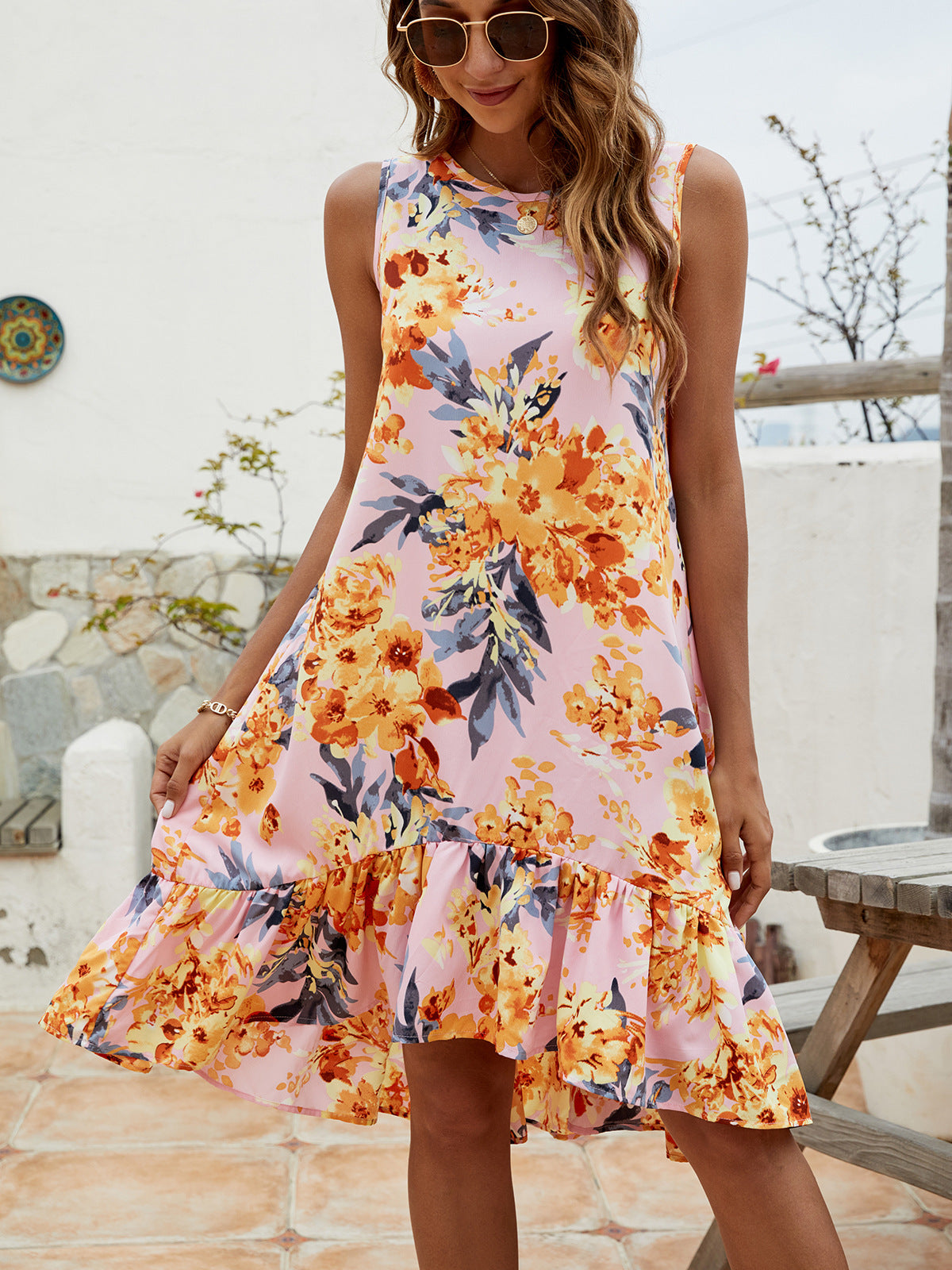 Floral Round Neck Sleeveless Ruffle Hem Dress