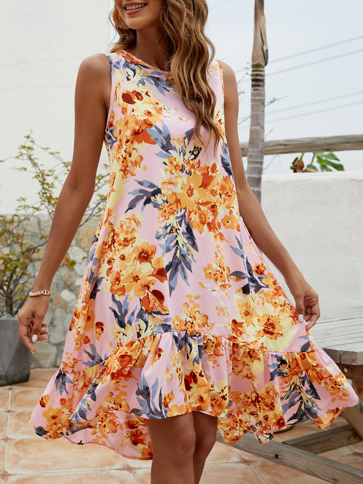 Floral Round Neck Sleeveless Ruffle Hem Dress