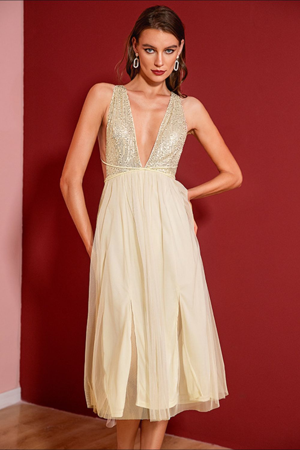 Sequin Slit Deep V Sleeveless Dress