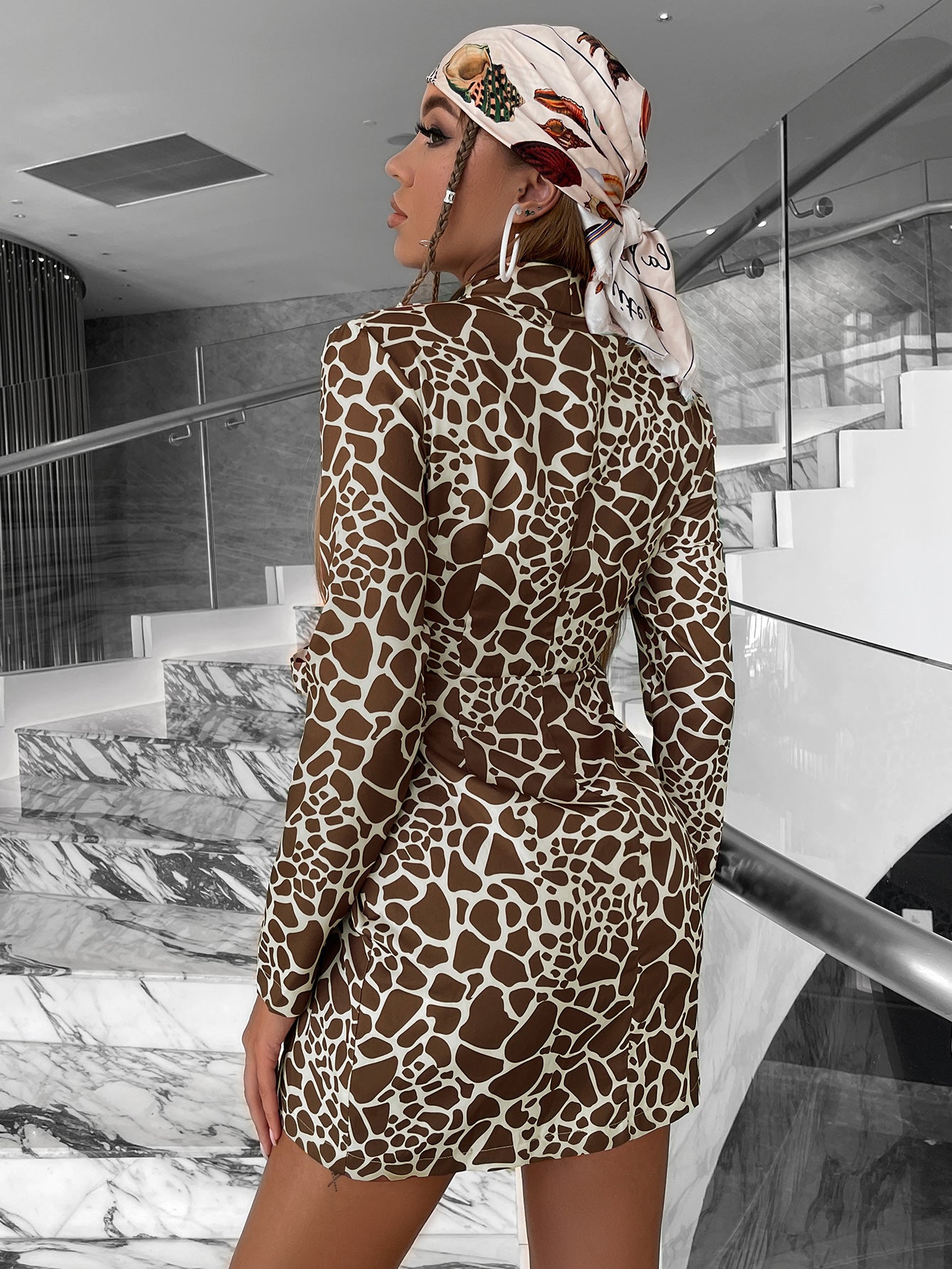 Giraffe Print Tie-Waist Lapel Collar Blazer Dress