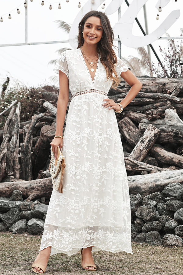 Lace Hollow-out V Neck Chiffon Dress