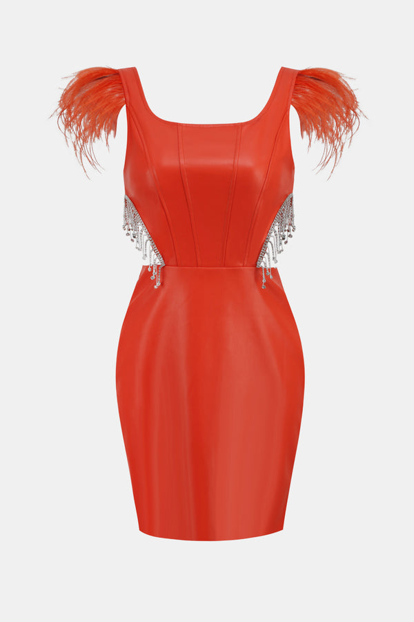 PU Leather Zip-Back Rhinestone Fringe Cutout Dress