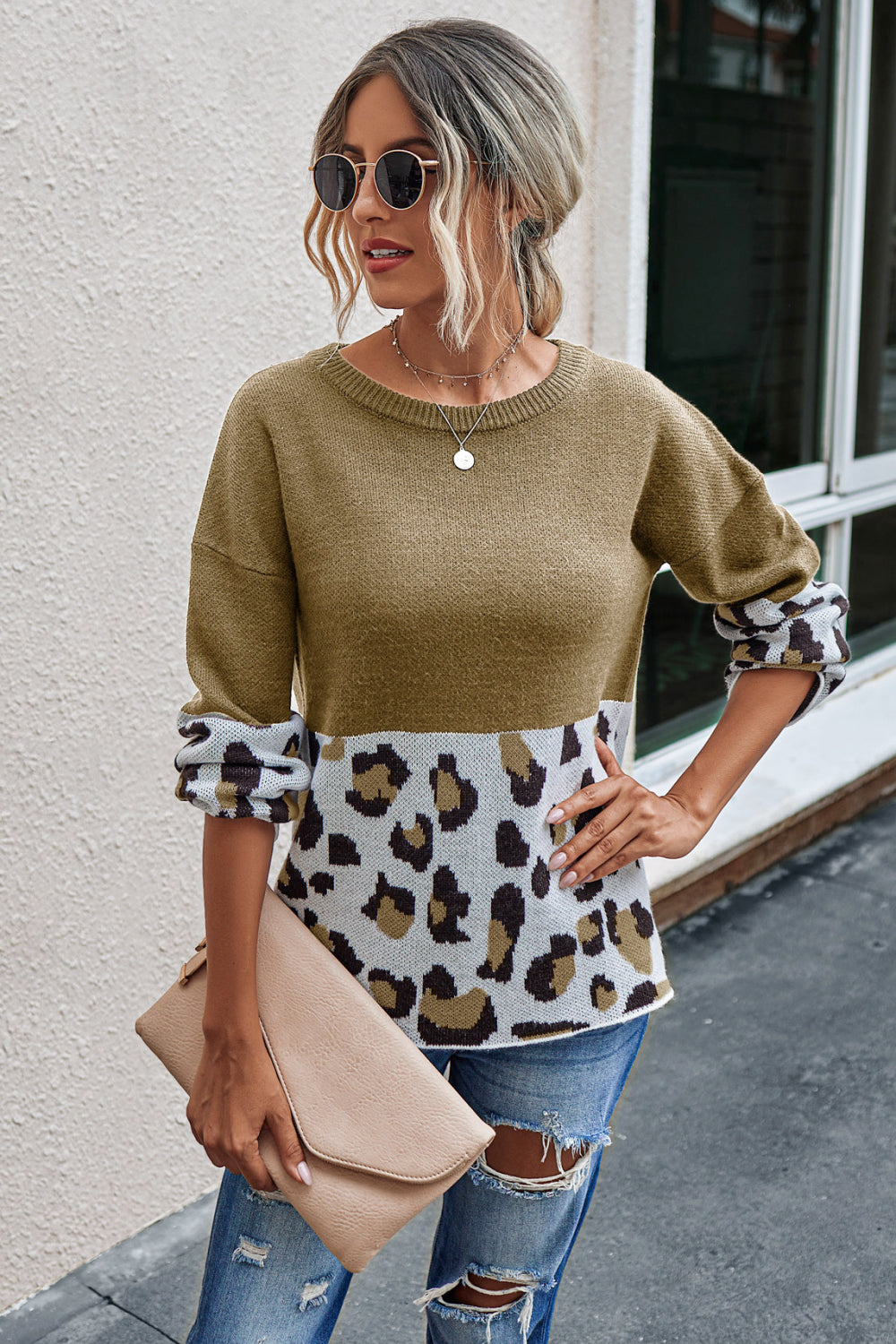 Leopard Color Block Crewneck Sweater