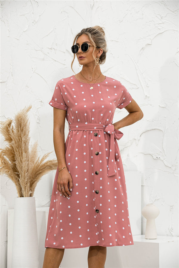 Polka Dot Button down Belted Dress