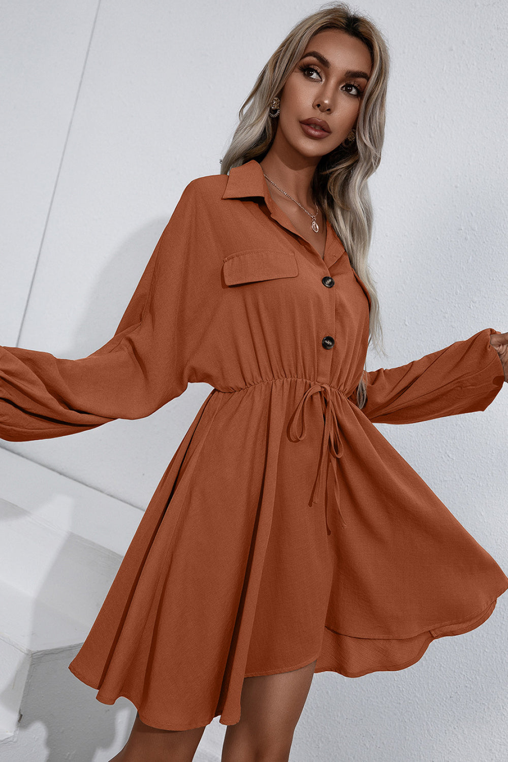 Collared Tie Waist Button Up Shirt Dress