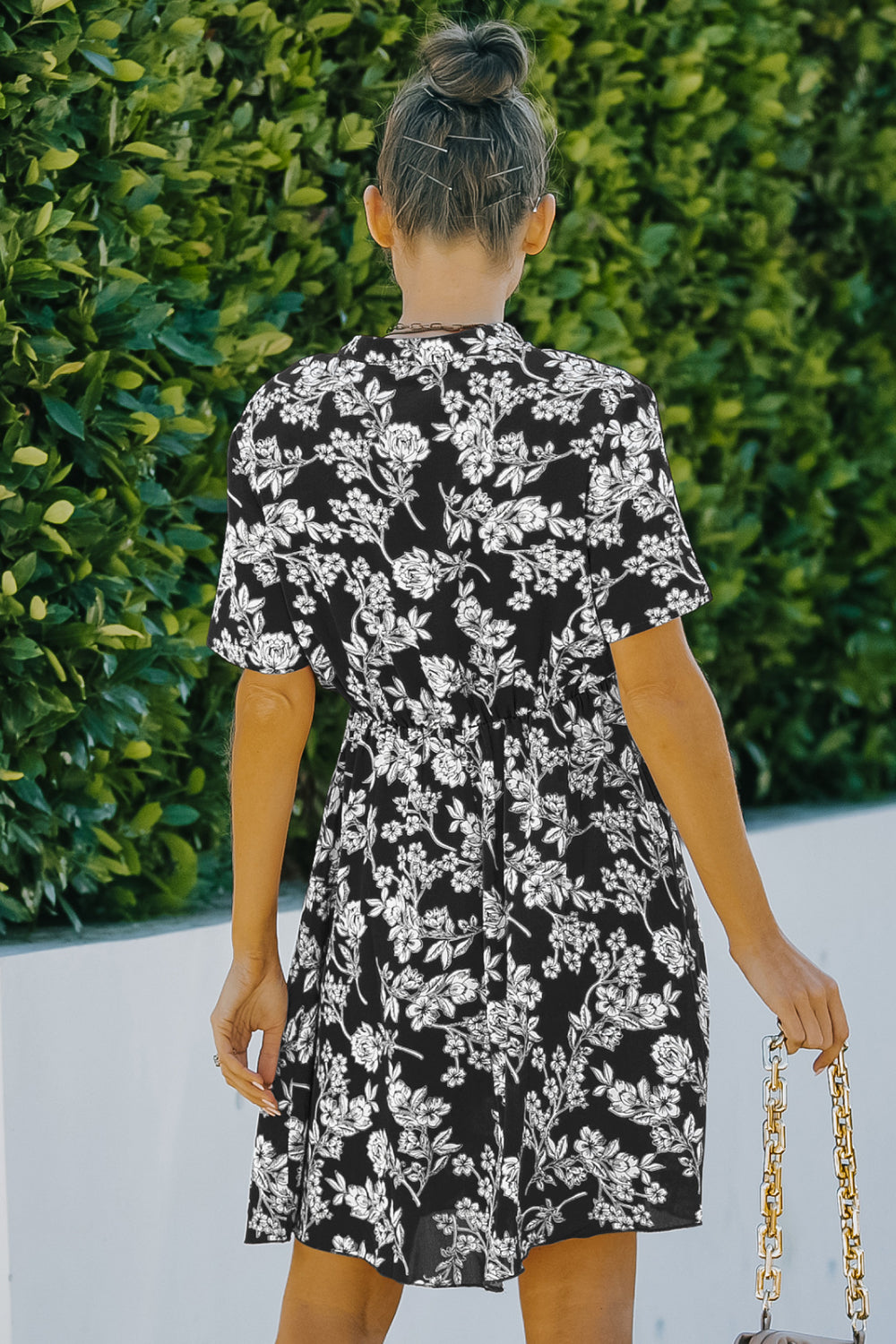 Floral V-Neck Short Sleeve Mini Dress