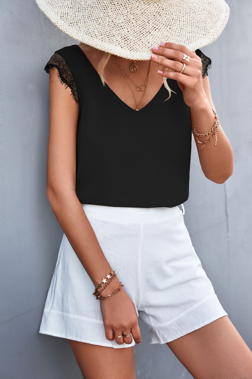 Spliced Lace V-Neck Sleeveless Top