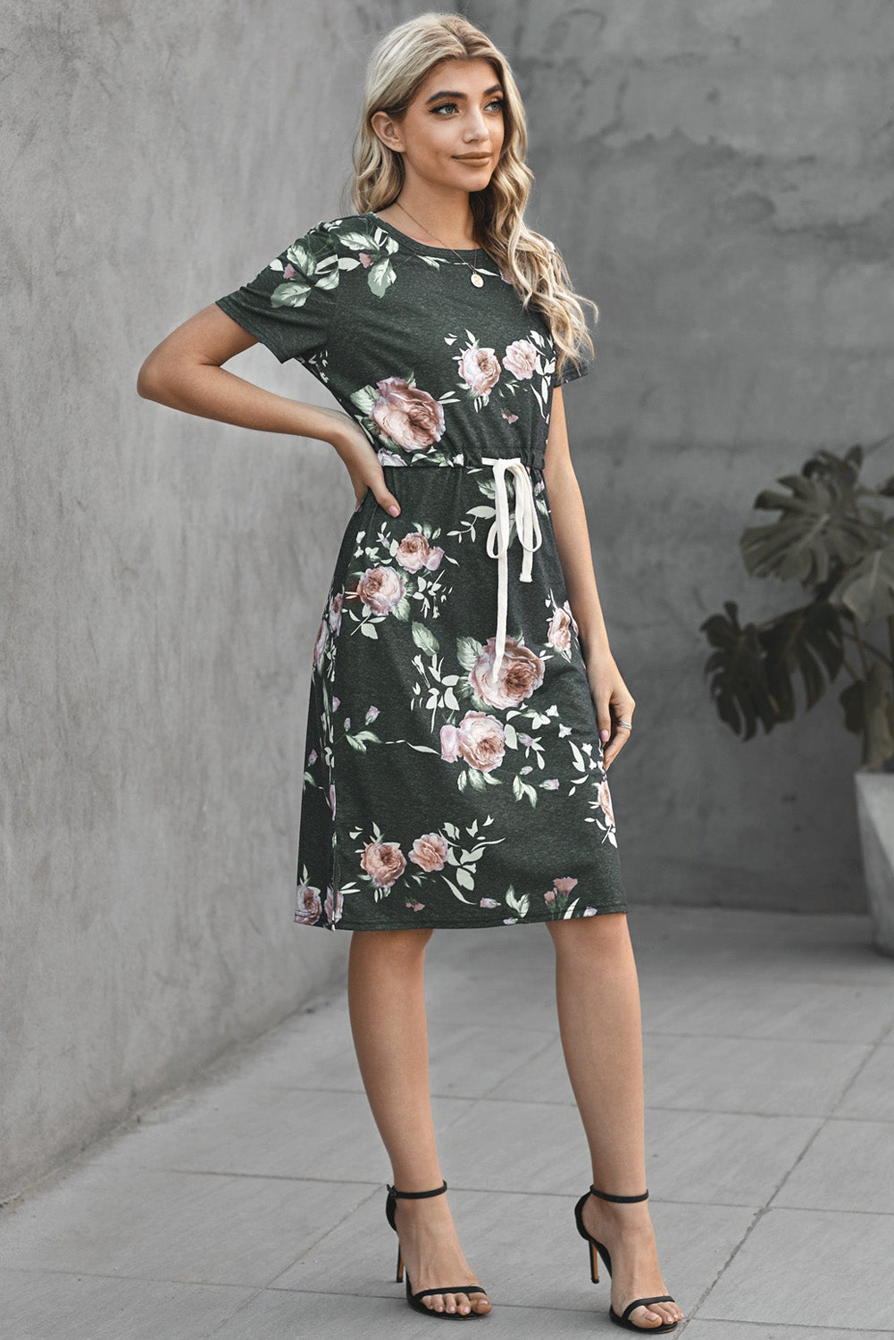 Pocketed Drawstring Casual Floral Dress