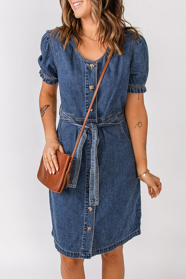 Button Front Tie-Waist Puff Sleeve Denim Dress