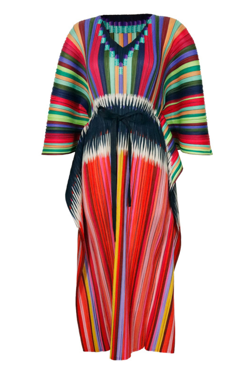 Mixed Stripes Accordion Pleated Dolman Sleeve Midi Dress
