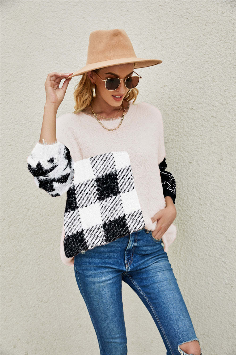 Fuzzy Mixed Print Pullover Sweater