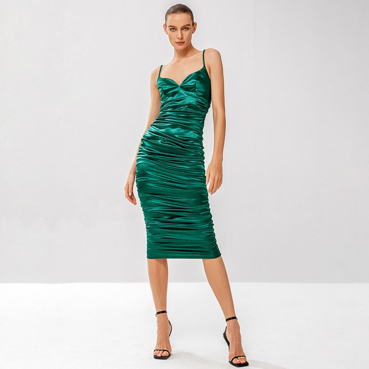 Ruched Adjustable Spaghetti Strap Satin Dress