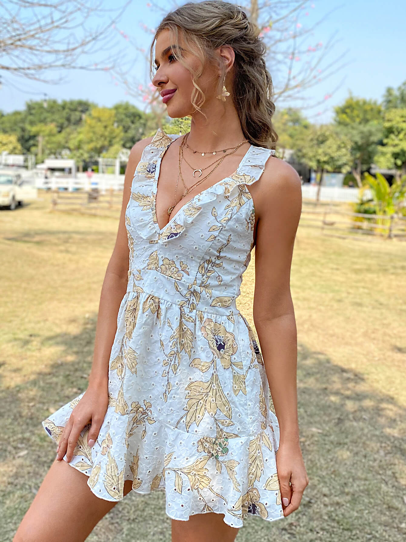 Printed Plunge Ruffle Hem Backless Dress