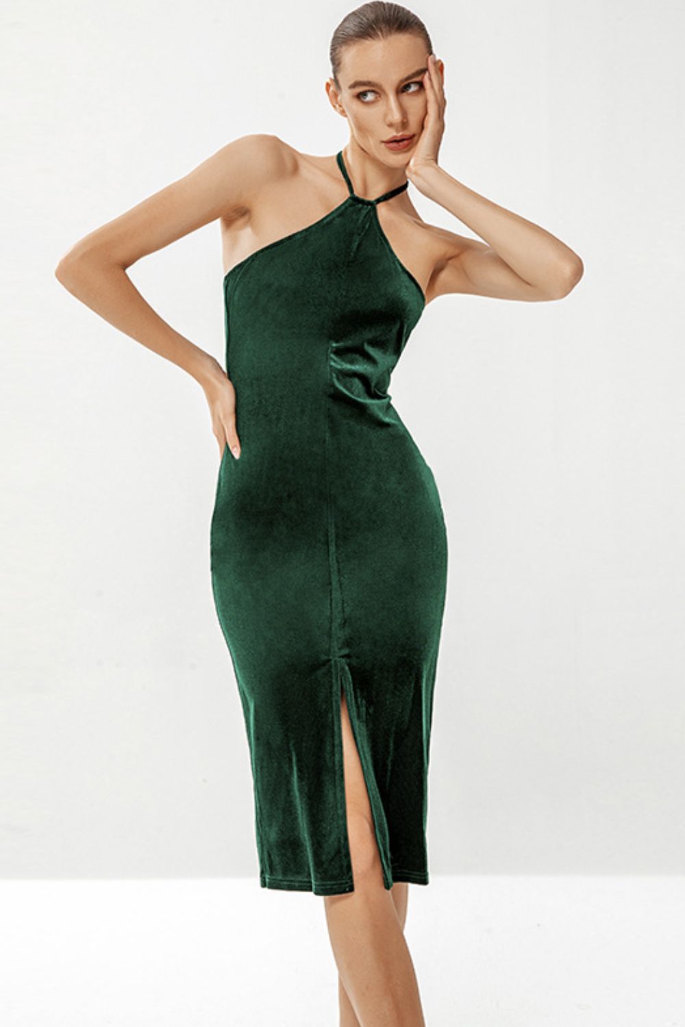 Front Slit Halter Neck Velvet Dress