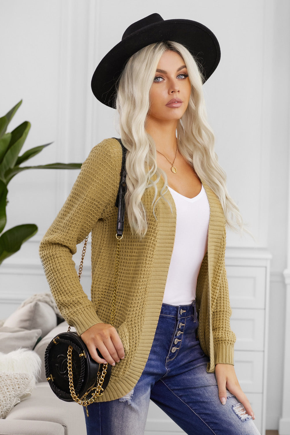 Open Front Curved Knit Cardigan Sweater