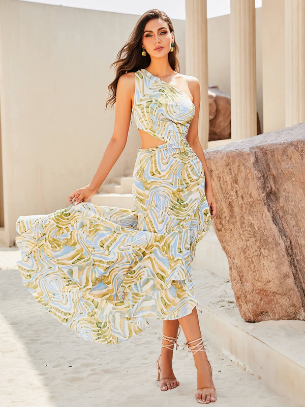 Abstract Print Cutout Split Ruffled Dress