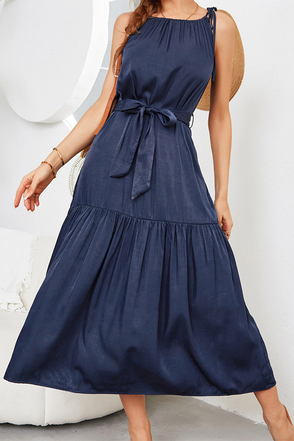 Tie-Waist Sleeveless Ruffle Hem Maxi Dress