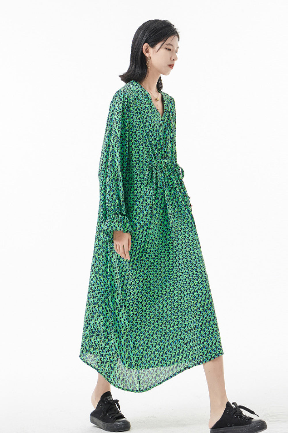 Printed Drawstring Flounce Sleeve Midi Dress