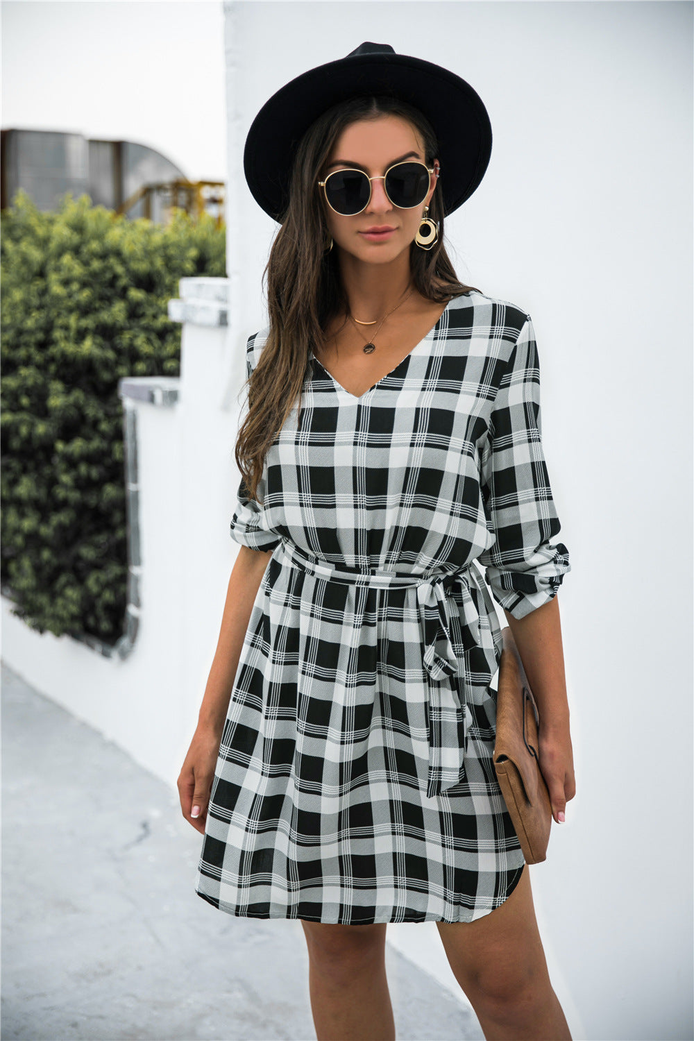 Gingham Tie Waist V Neck Dress