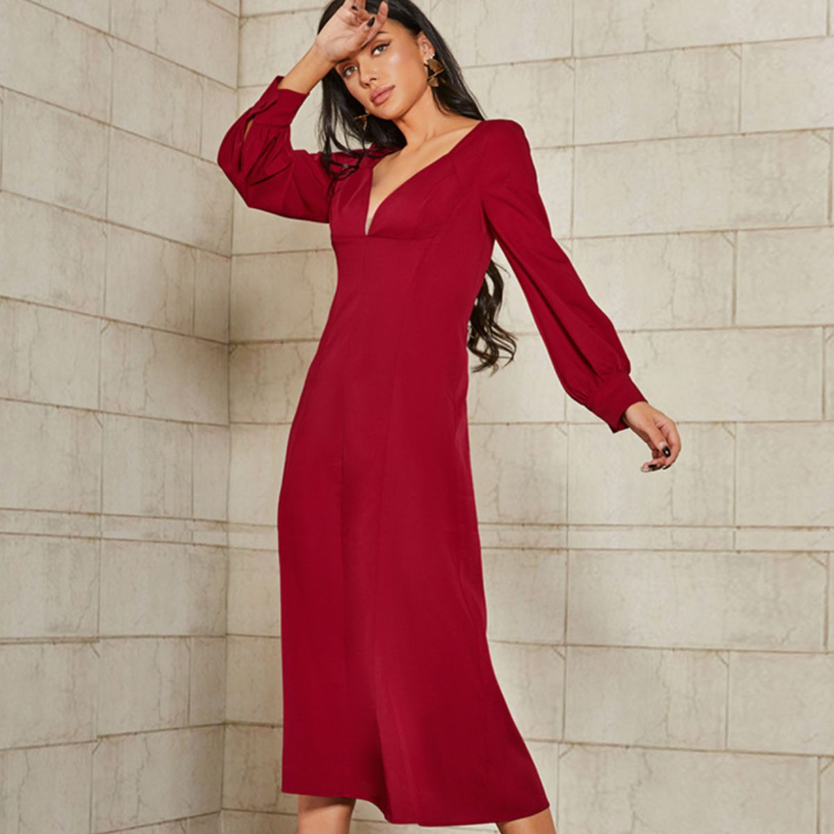 Plunge Bishop Sleeve Midi Dress