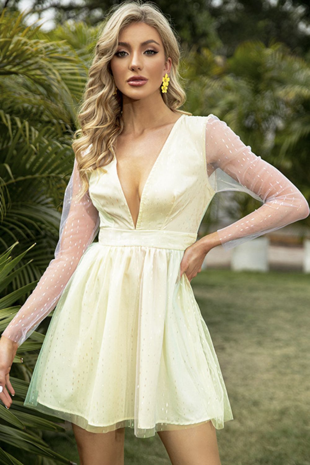 Glitter Organza Long Sleeve A-Line Dress