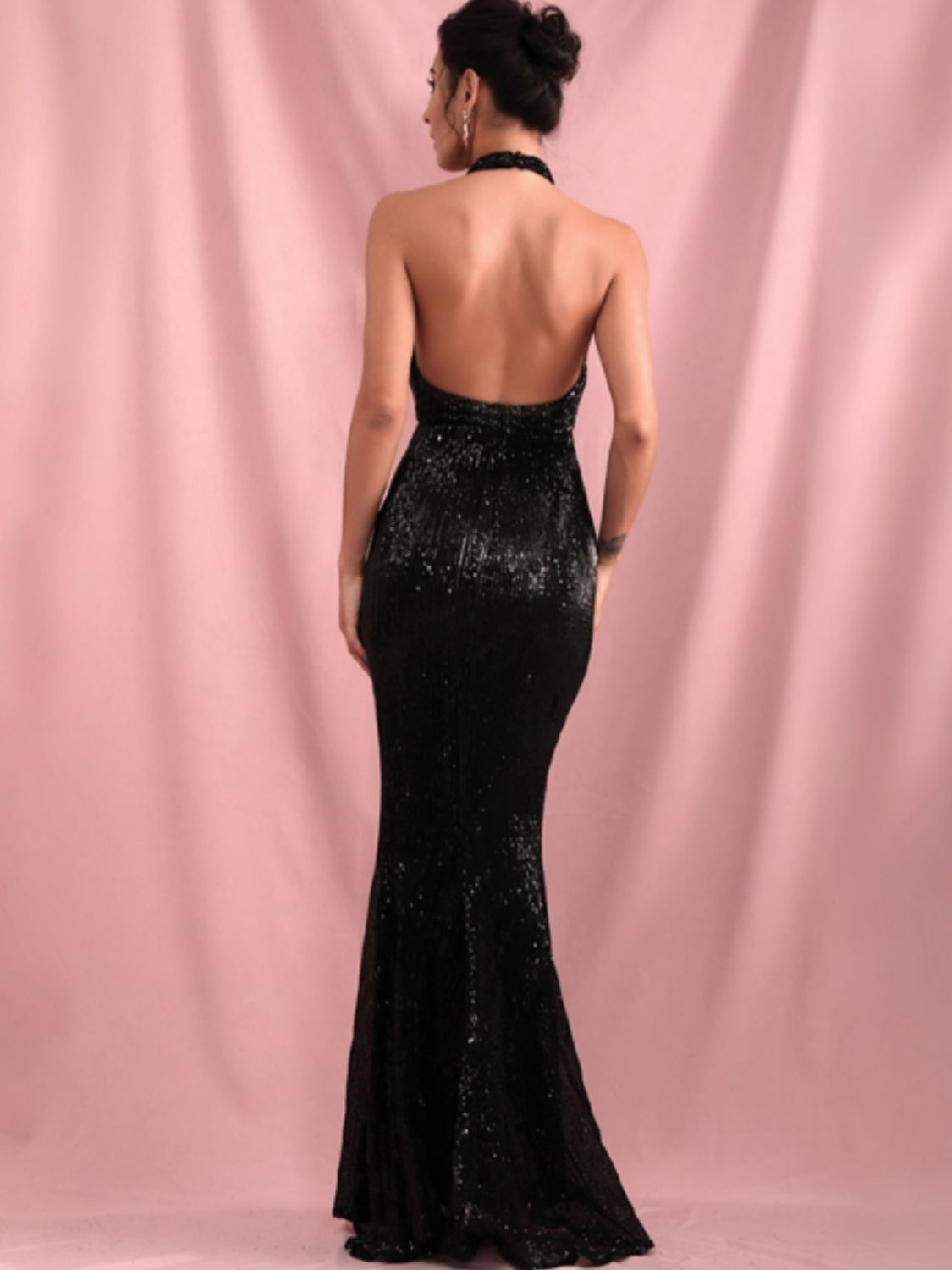 Sequin Halter Neck Backless Split Dress