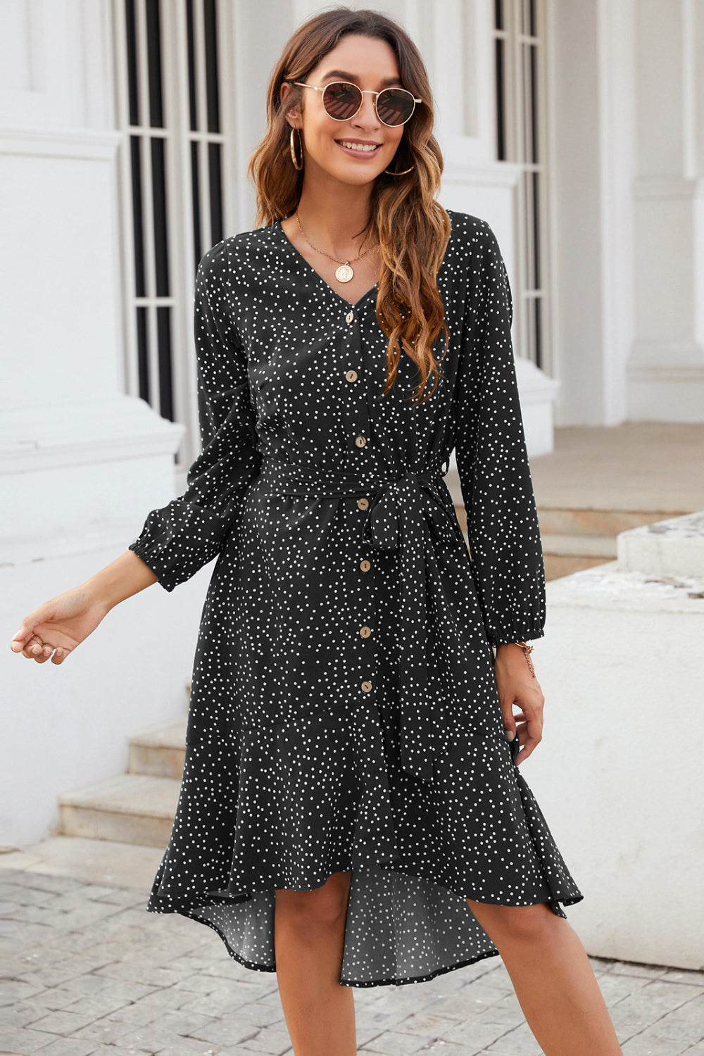 Polka Dot Button Through Flounce Dress