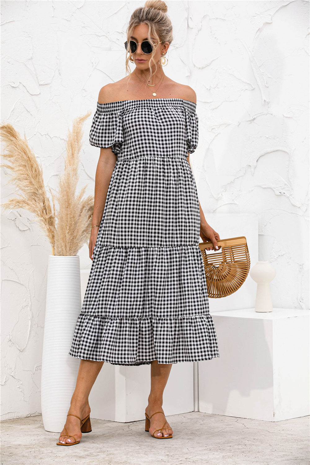 Plaid Off Shoulder Tiered Dress