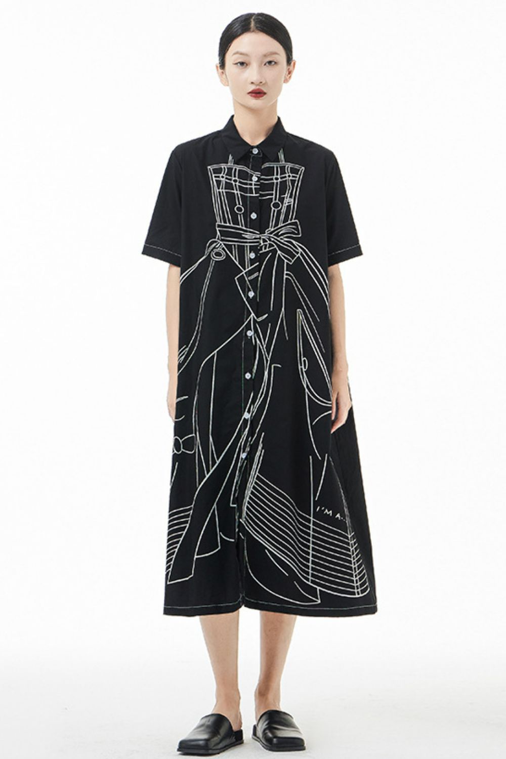 Graphic Button Front Midi Shirt Dress