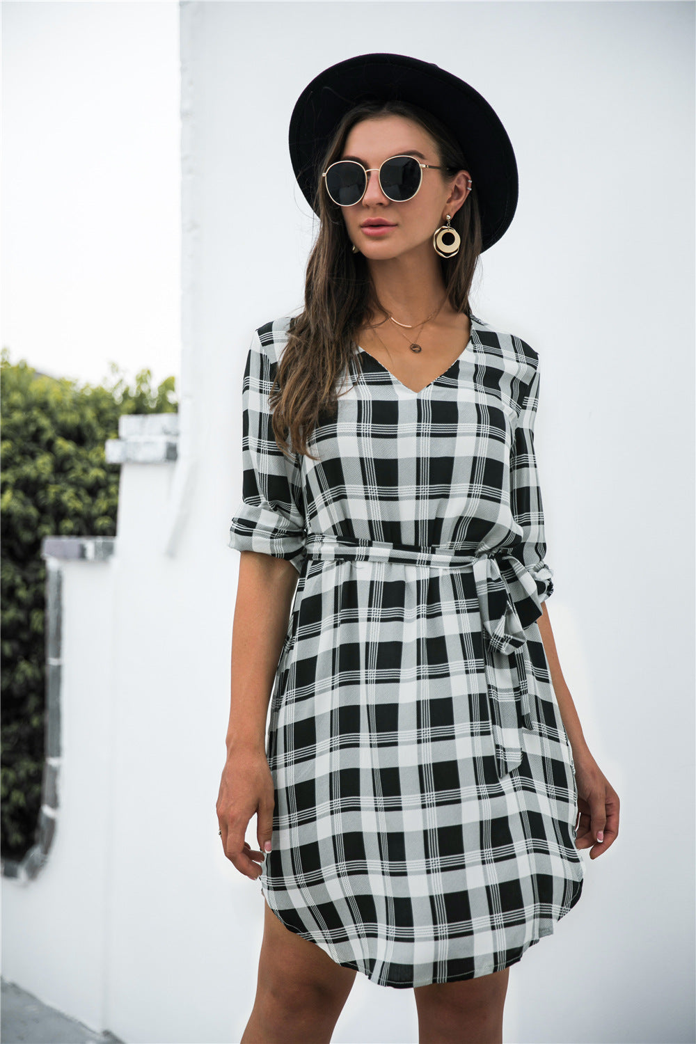 Gingham Tie Waist V Neck Dress