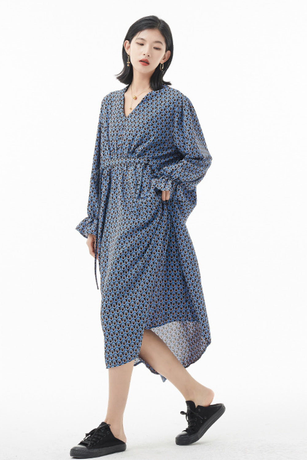 Printed Drawstring Flounce Sleeve Midi Dress