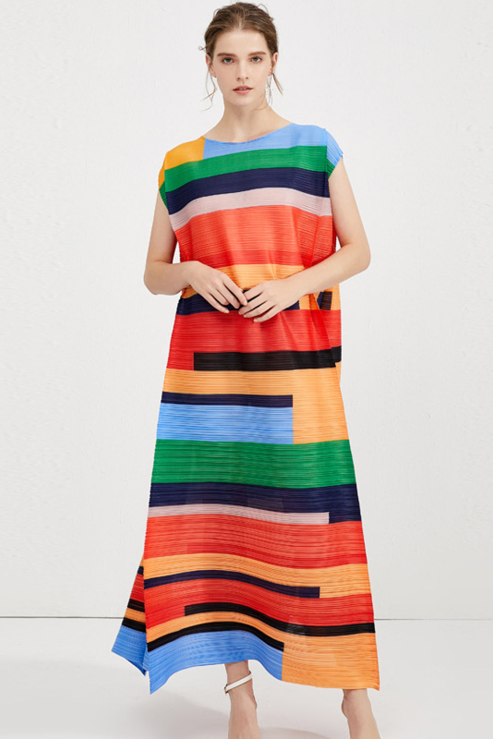 Striped Accordion Pleated Maxi Dress