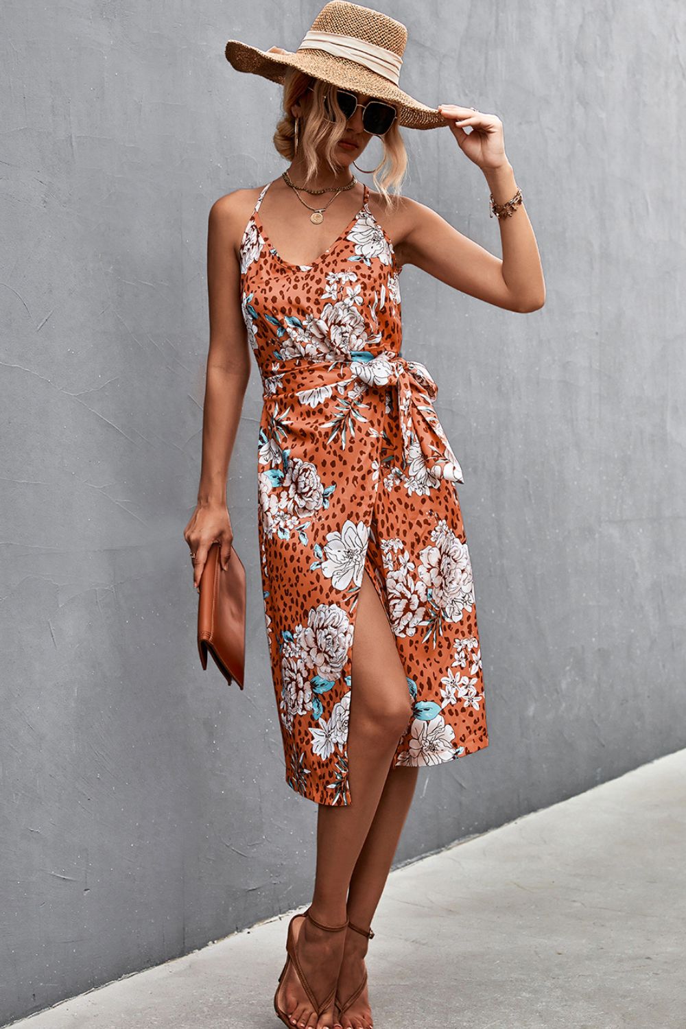 Printed Spaghetti Strap Tied Wrap Dress