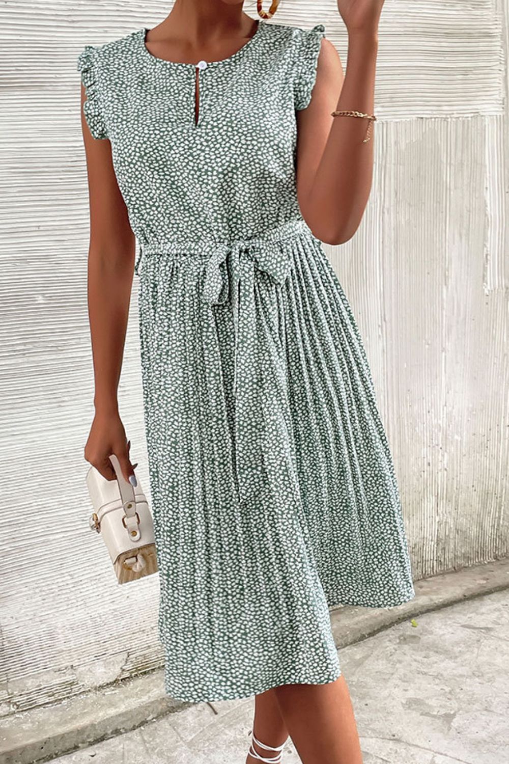 Printed Tie-Waist Flutter Sleeve Pleated Dress