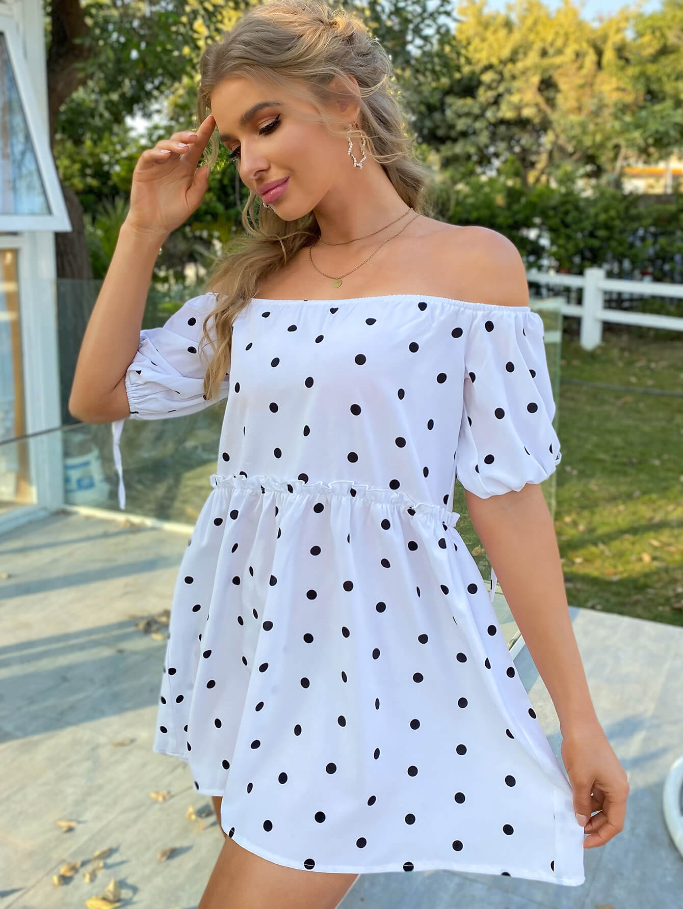 Polka Dot Off-Shoulder Frill Trim Dress